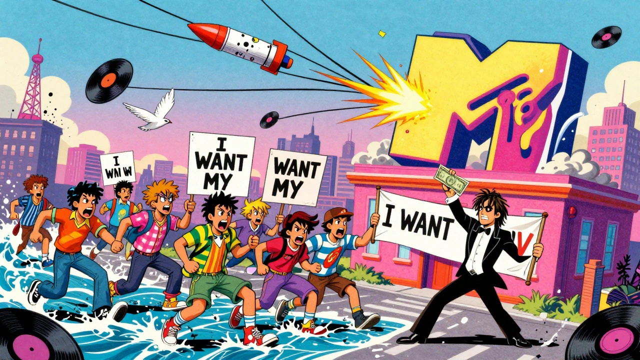 Teenagers storm a cable building with 'I WANT MY MTV' signs, as Mick Jagger holds up a single dollar bill.