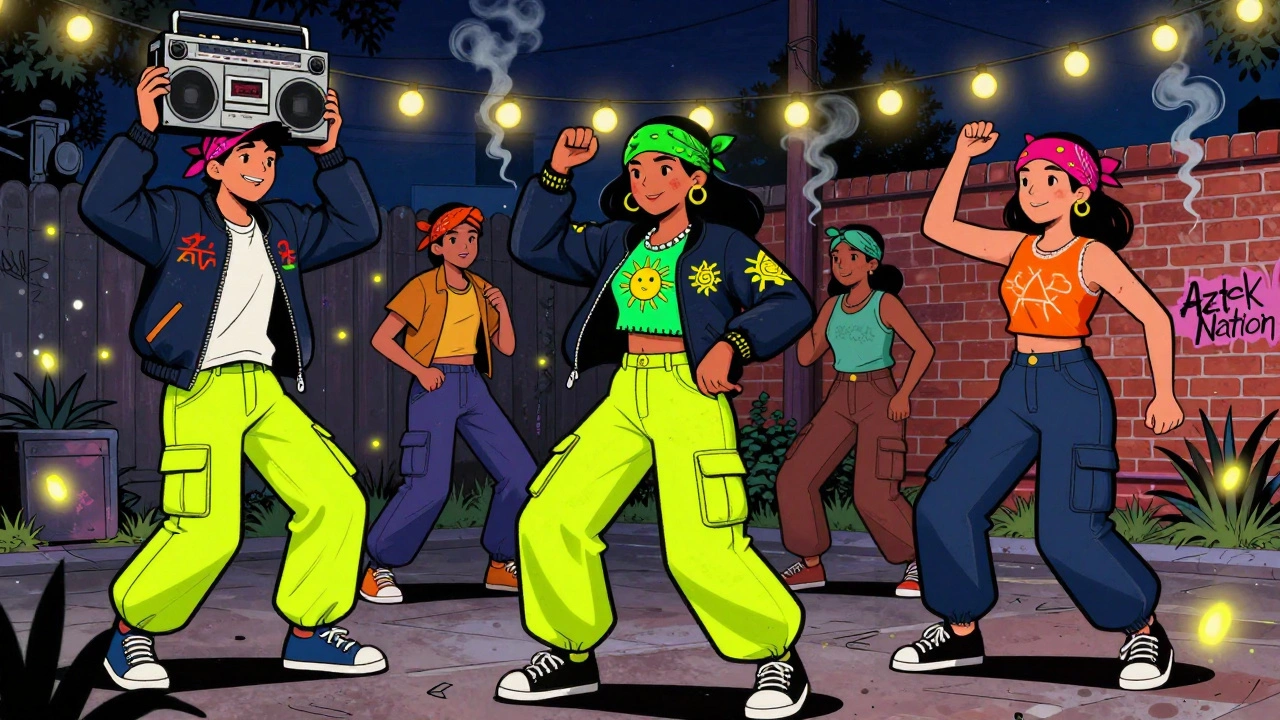 Teens at a 1990s East LA backyard rave, wearing painted jackets and bandanas, dancing under string lights with a boombox.