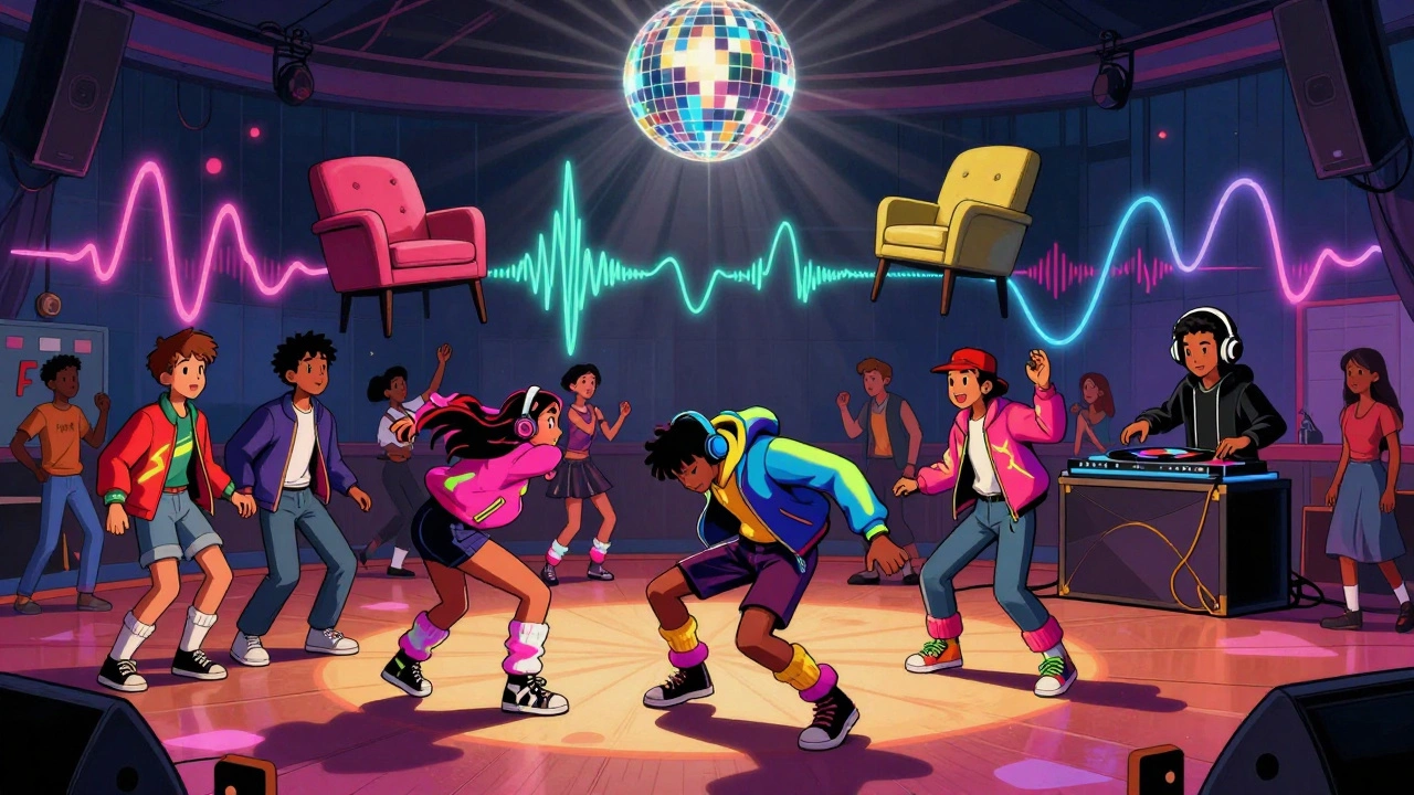Teens breakdancing on a 1980s dance floor as colorful sound waves lift objects into the air.