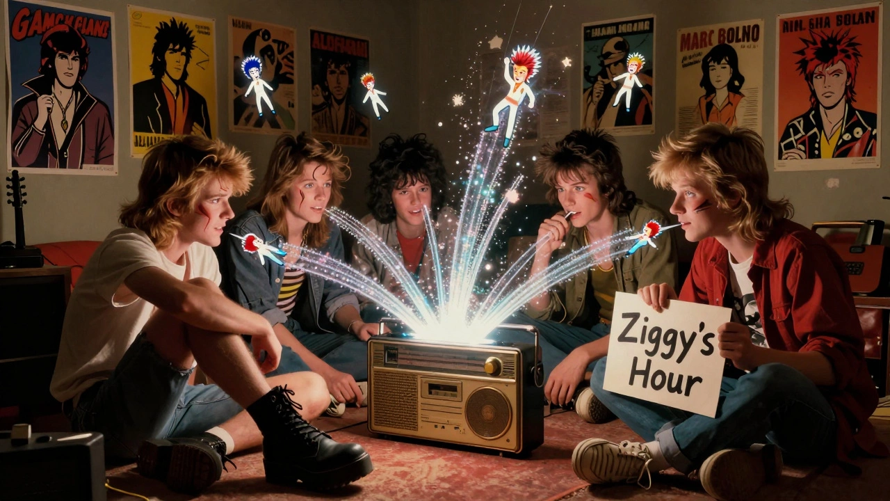Teens gather around a glowing radio as glittery sound waves shaped like glam rock stars fill their bedroom.