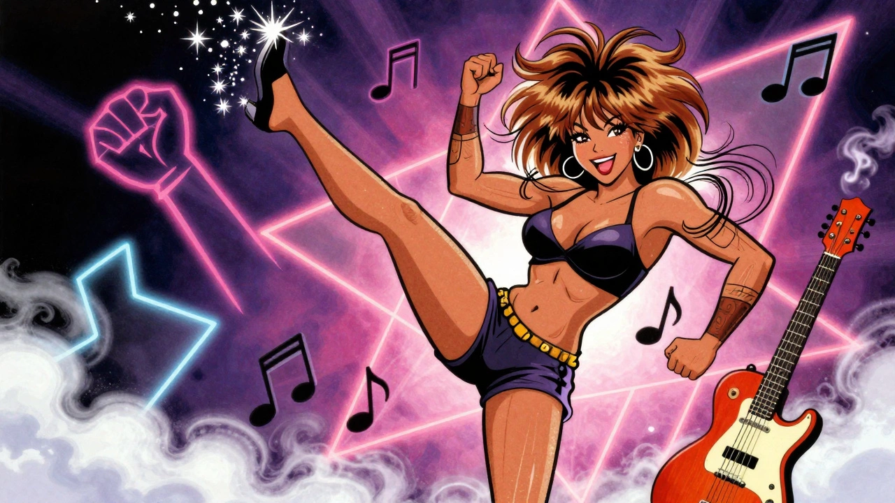 Tina Turner performing with dynamic hair whip and leg kick, surrounded by musical energy.