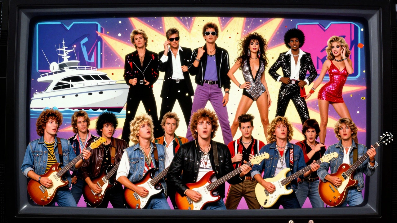 Twenty British artists rise above a Billboard chart as American rock bands look on in shock, all rendered in retro cartoon style.