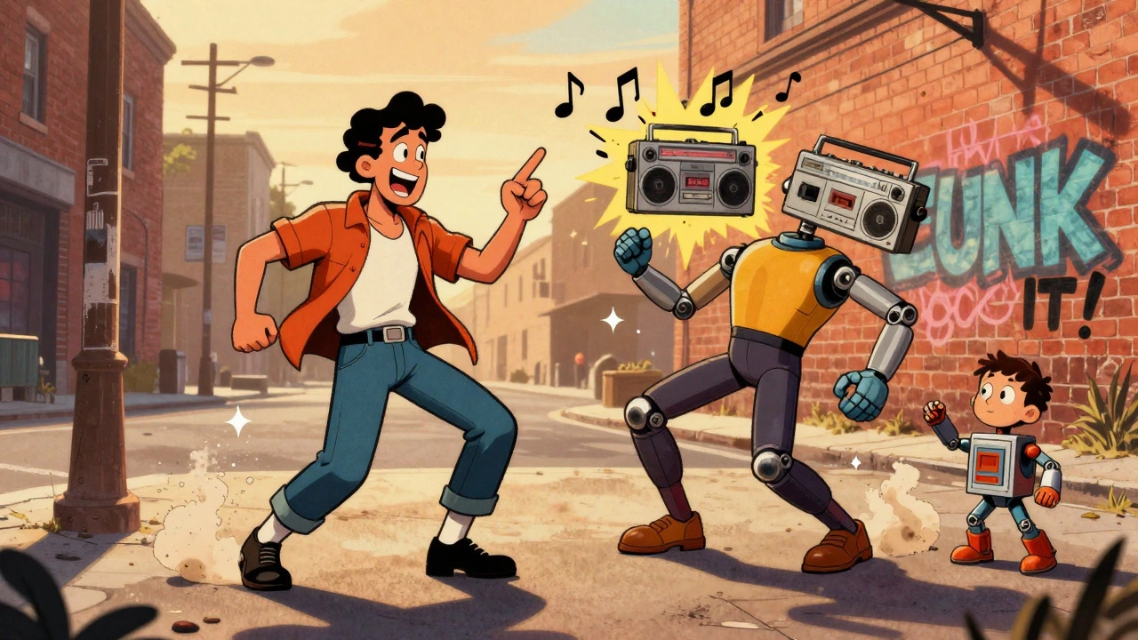 Two dancers on a street corner—one frozen in a locking pose, the other popping—while a child watches a boombox with graffiti in the background.