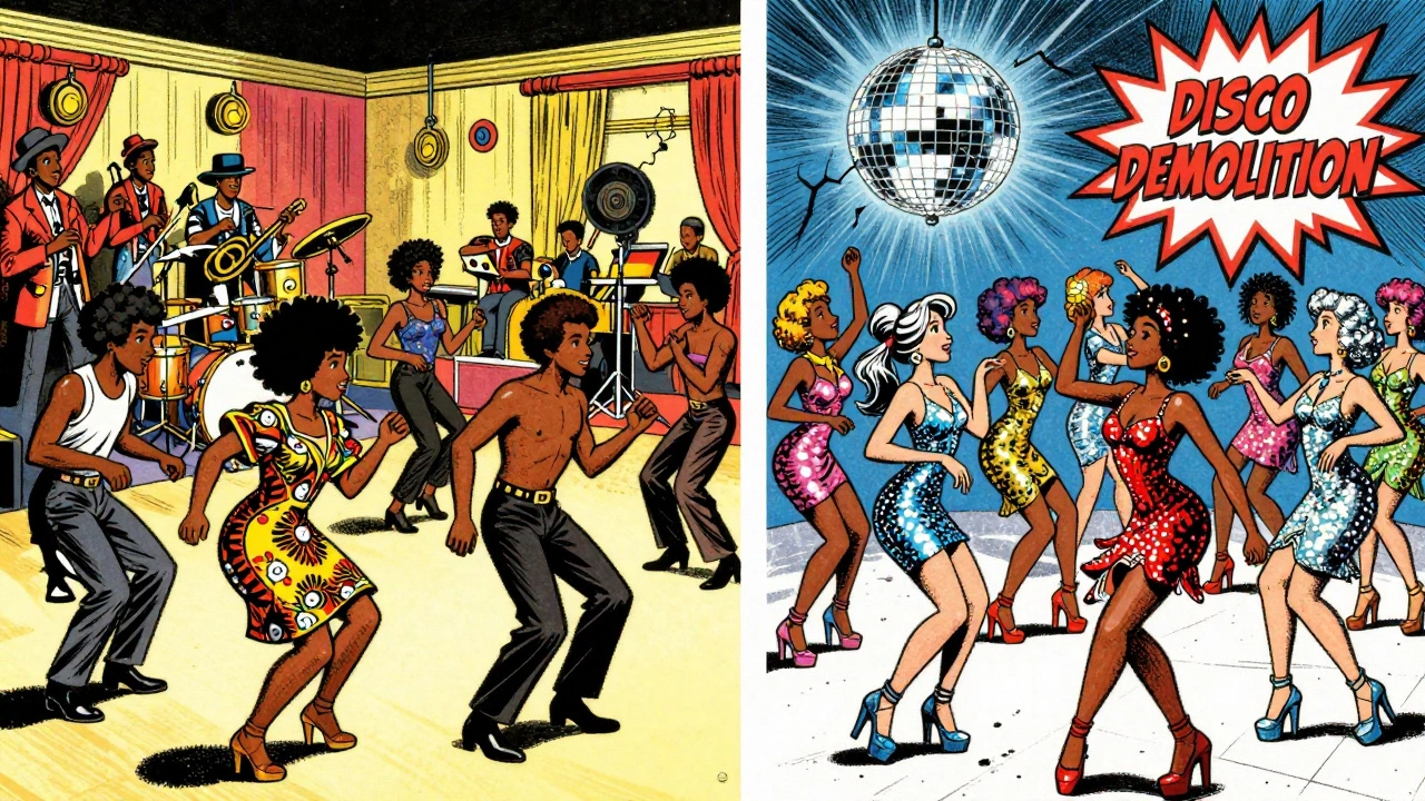 Two parallel dancefloors: funk dancers with isolated moves vs. disco dancers in sync under a spinning ball, with demolition sign in background.