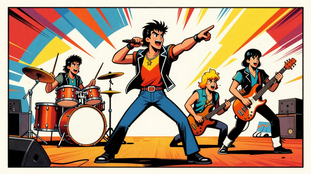 Vintage cartoon of four band members performing energetically on a bright stage.