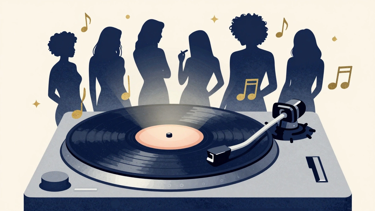 Vinyl record spinning with glowing light surrounded by musical notes and silhouettes.