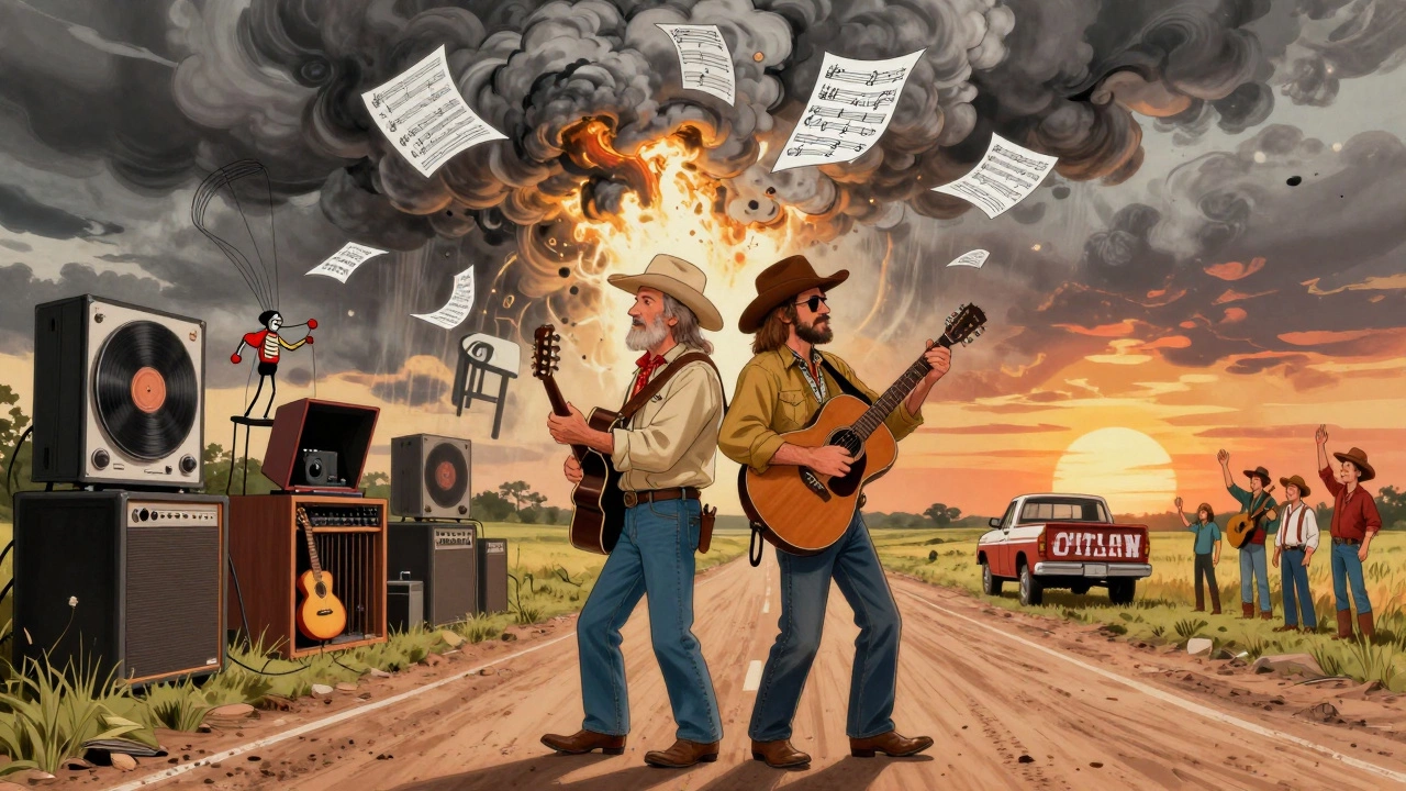 Willie Nelson and Waylon Jennings rejecting Nashville's music machines on a Texas road.