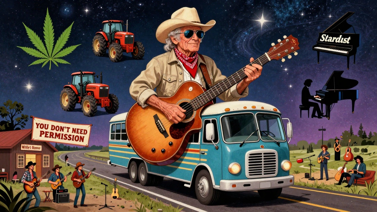 Willie Nelson riding a biodiesel guitar bus, surrounded by symbols of his music and activism.