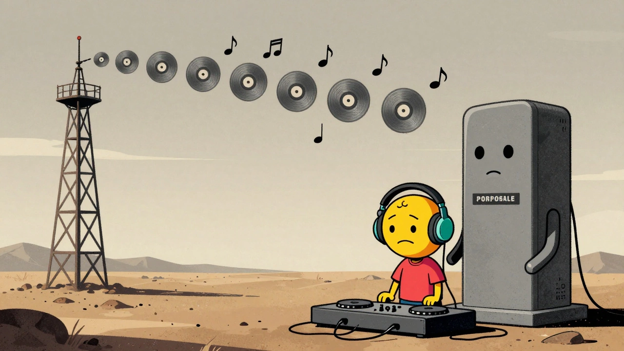 A corporate machine replacing a local DJ at a gray, repetitive radio tower.