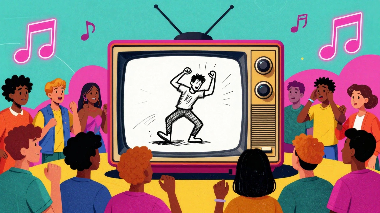 A crowd of people watching a rotoscoped animation on a vintage 1980s television