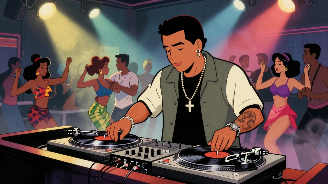 A DJ mixing vinyl records for a diverse crowd in a colorful 90s nightclub illustration.