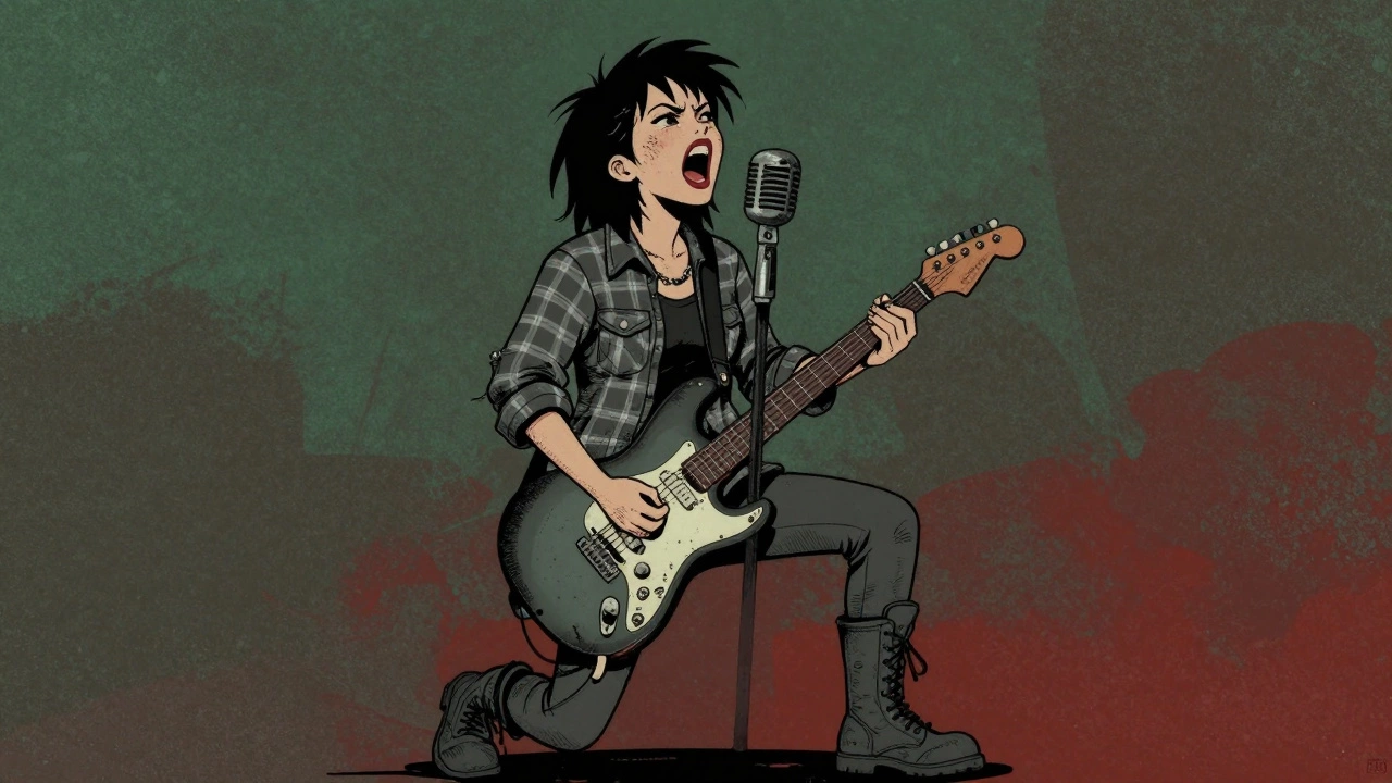 A female grunge musician playing electric guitar and singing with passion.
