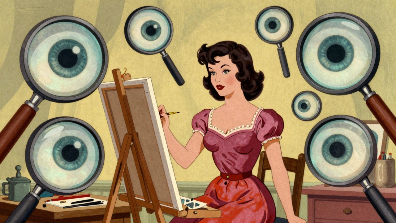 A female painter surrounded by floating eyes focusing on her appearance instead of her art.