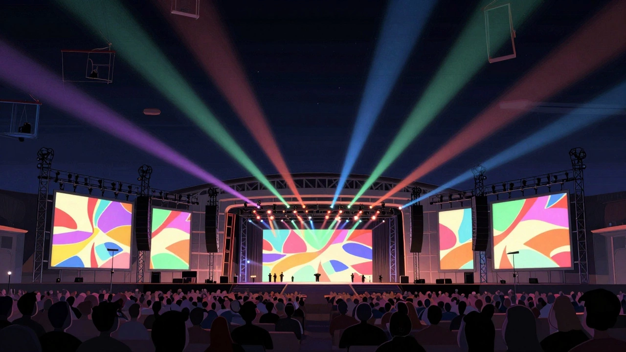 A modern stadium concert featuring a massive wall, laser lights, and giant LED screens.