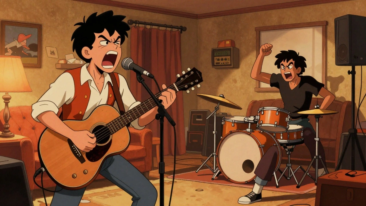 A nervous acoustic punk band playing with high energy in a vintage cartoon living room setting.