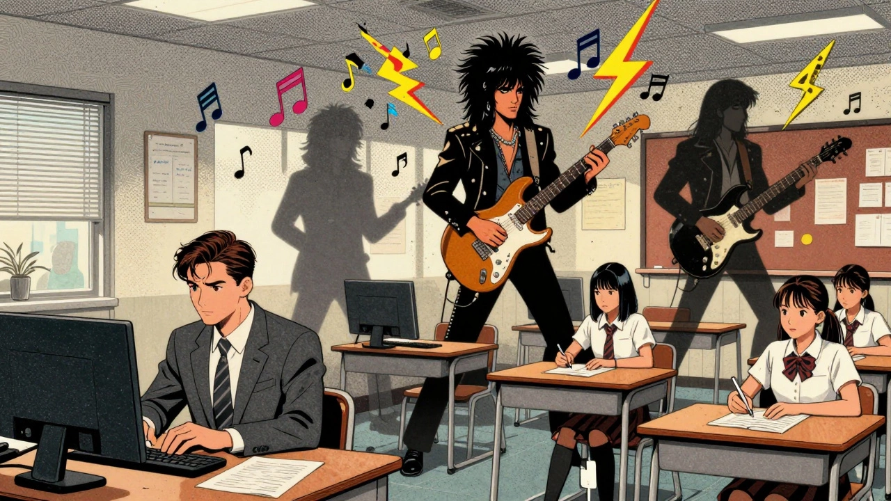 A person in a suit and a student imagining themselves as defiant rock stars