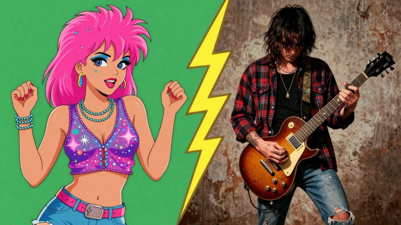 A split illustration comparing a neon 80s pop star and a grunge musician in flannel