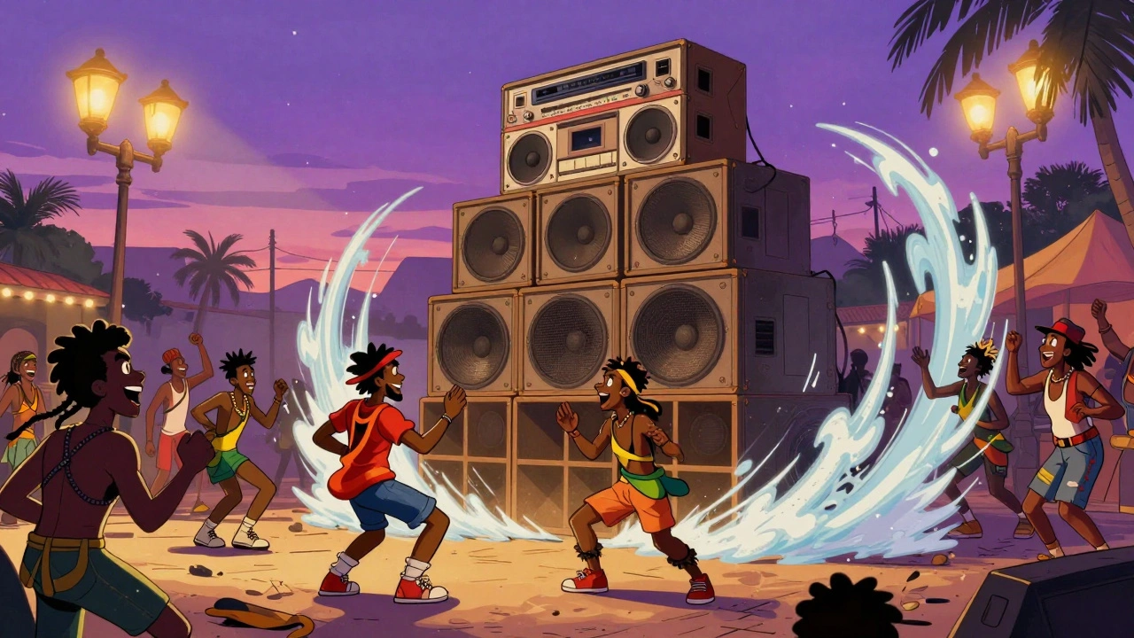 A vibrant street dance scene with massive speaker stacks and dancing crowds.