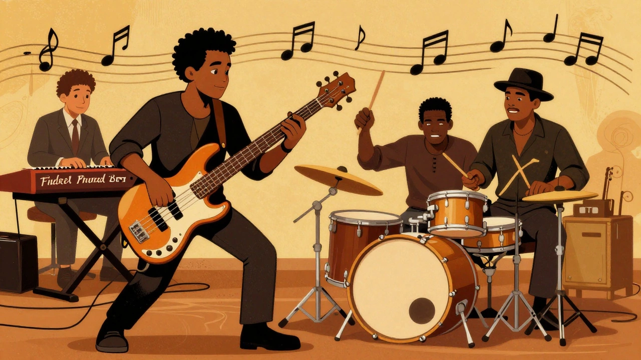 A vintage cartoon of an R&amp;B band featuring a bass player, drummer, and organist.
