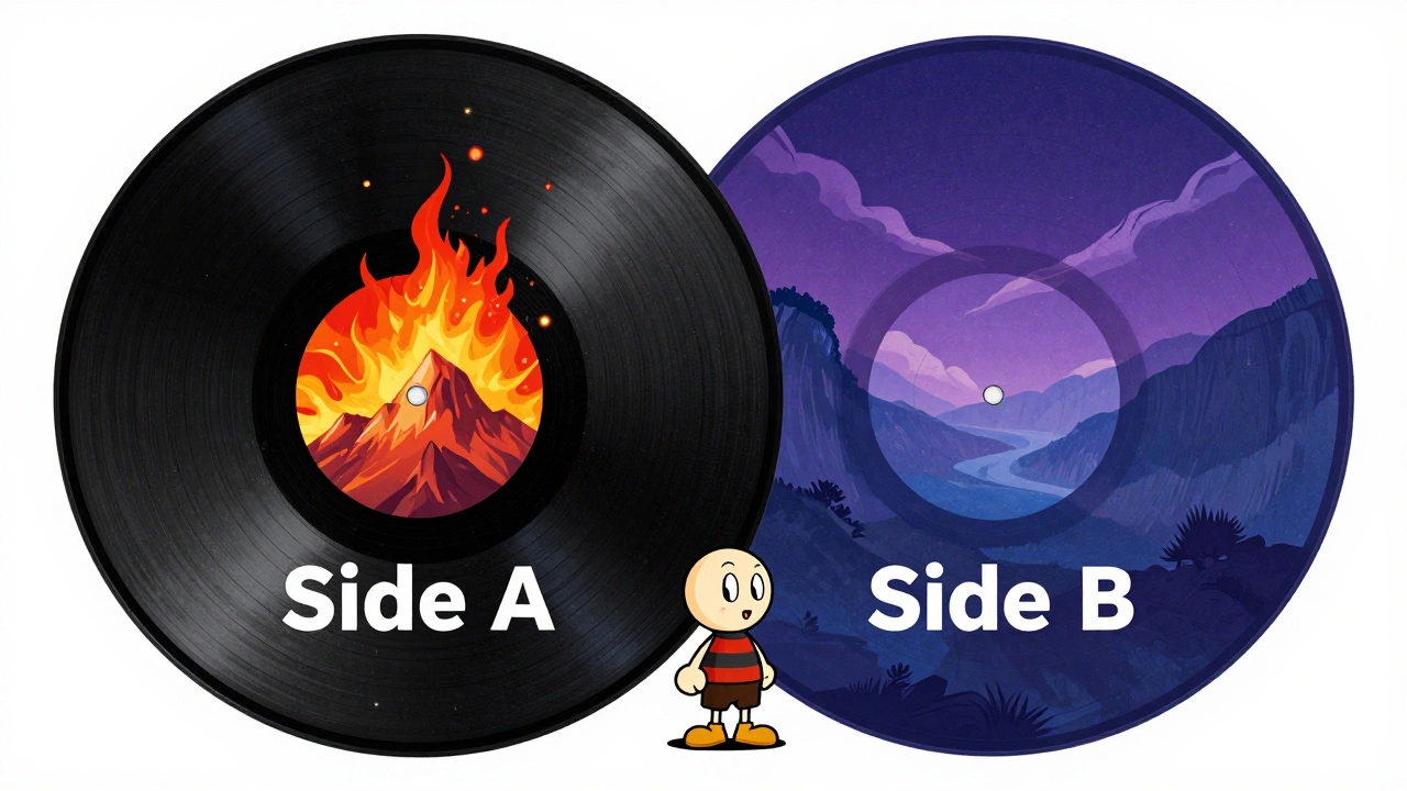 A vinyl record split into a fiery mountain for Side A and a purple valley for Side B