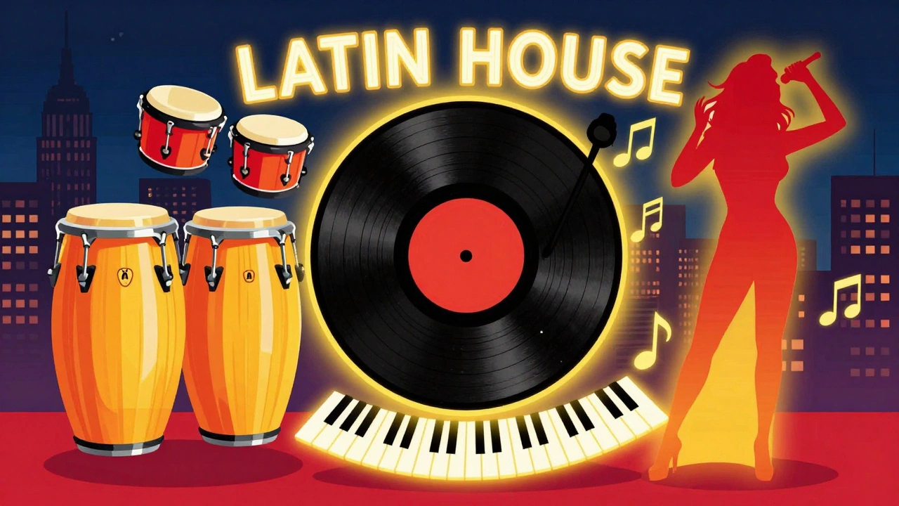 A vinyl record surrounded by floating congas, a piano, and a singing silhouette in vintage cartoon art.