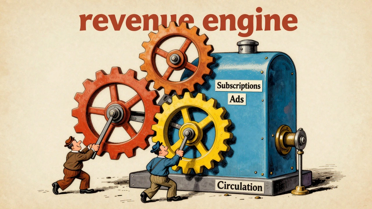A whimsical cartoon machine with gears representing subscriptions, ads, and circulation.