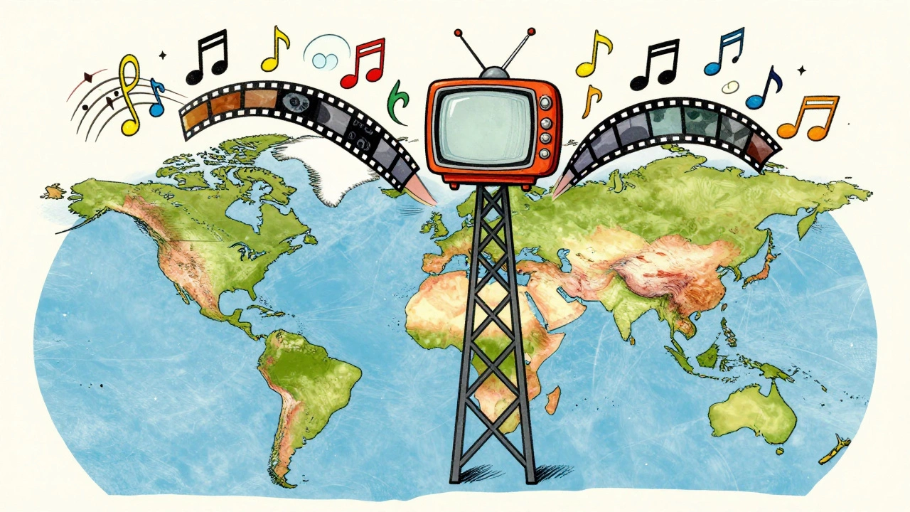 A whimsical map showing music and film strips traveling globally from a TV tower