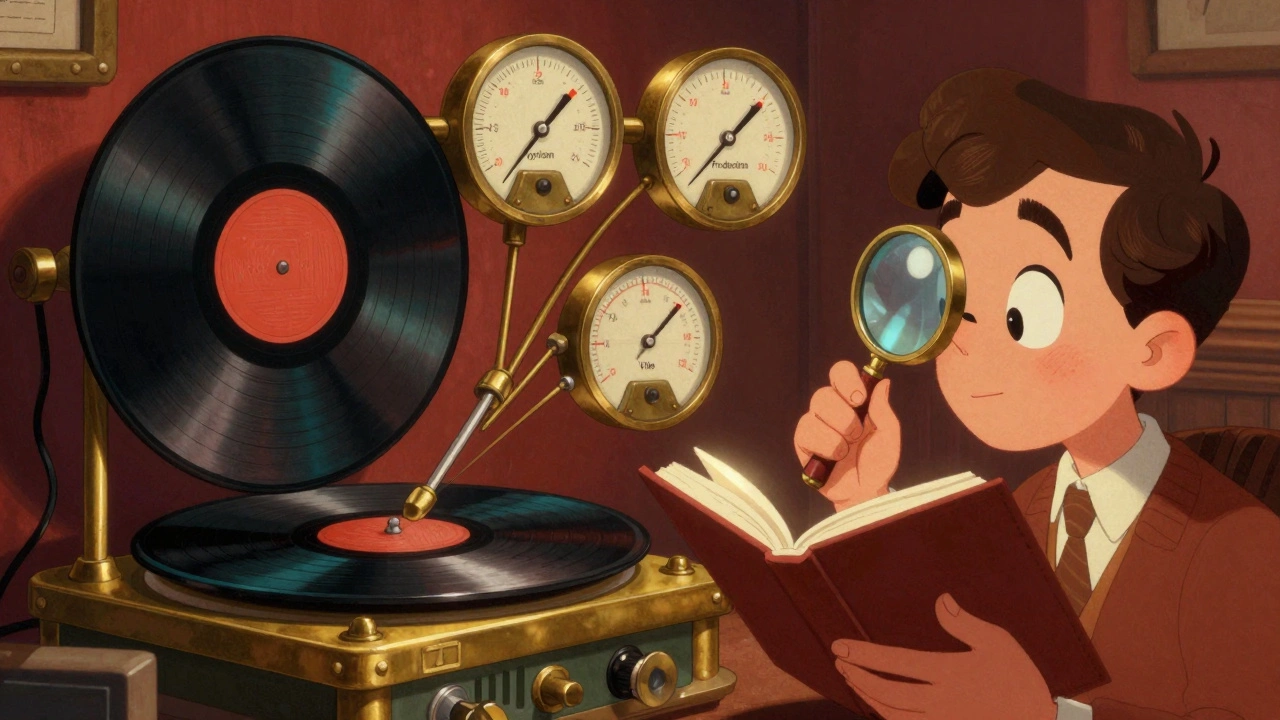 A whimsical vintage cartoon machine analyzing a record's lyrics and production via various gauges.