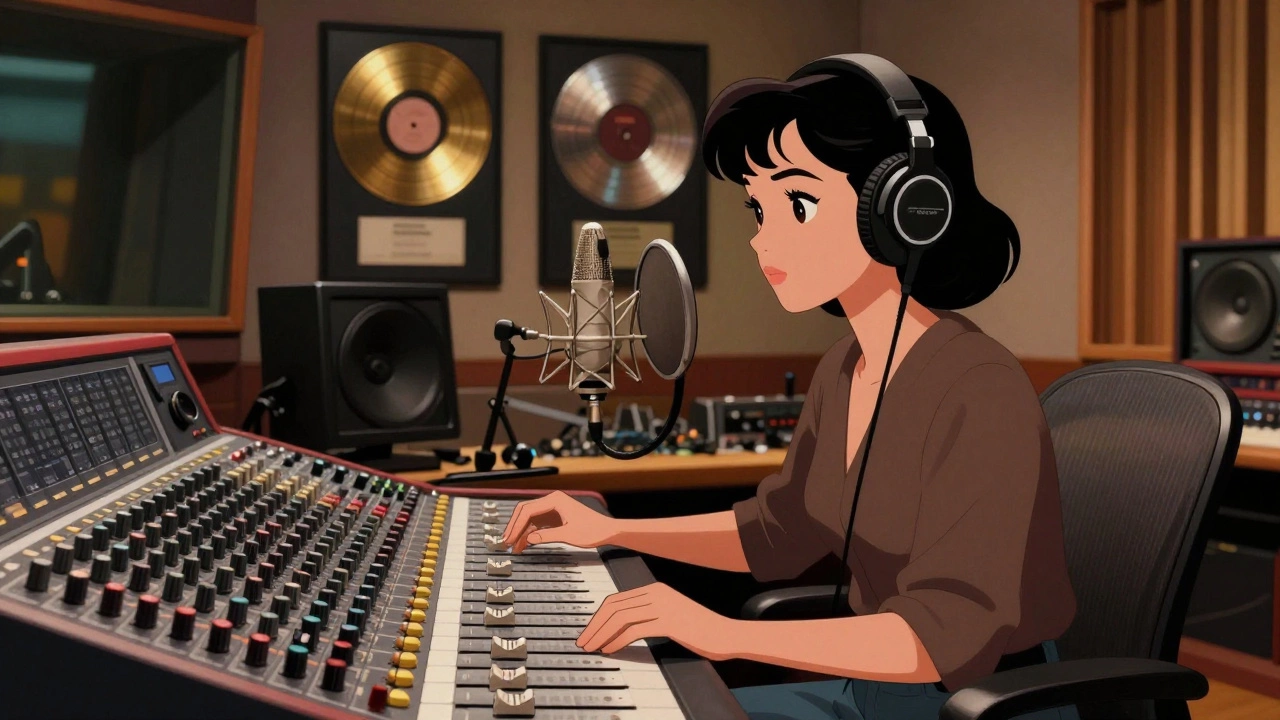 A woman producer working at a studio mixing console with gold records behind her.