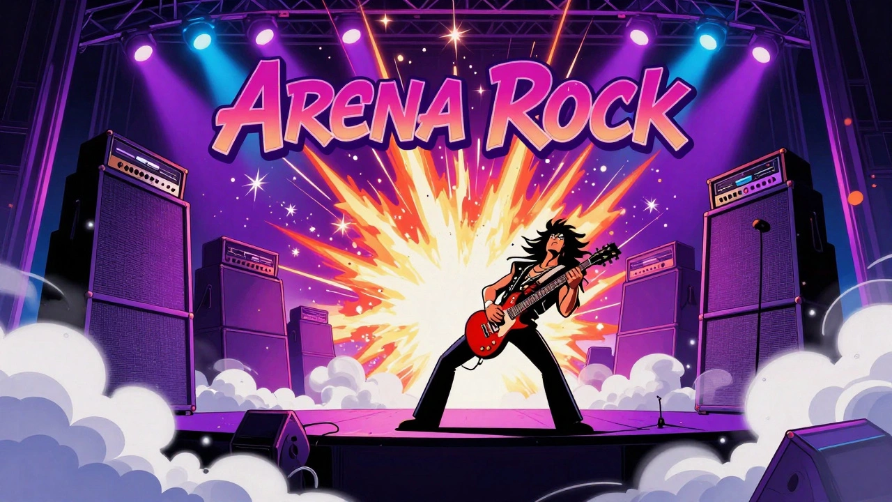 An 80s arena rock show with giant amplifiers, pyrotechnics, and a guitarist in a power pose.