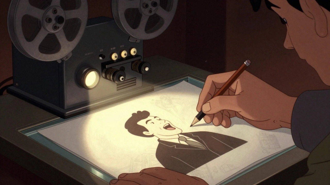 An animator tracing film frames on a glass table using a 16mm projector