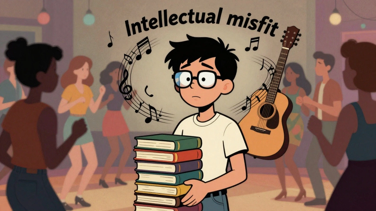 An awkward teenager with books feeling alienated at a party, surrounded by acoustic music notes.
