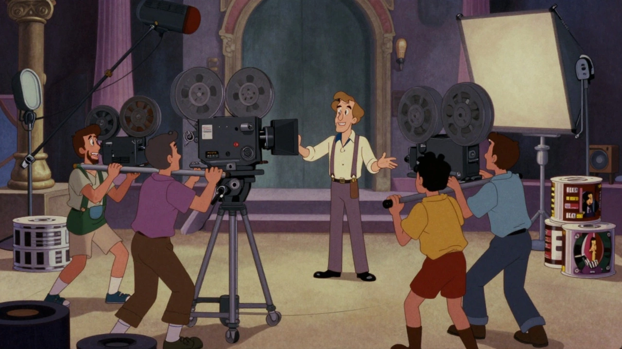 Animated director operating large film camera with lights on set