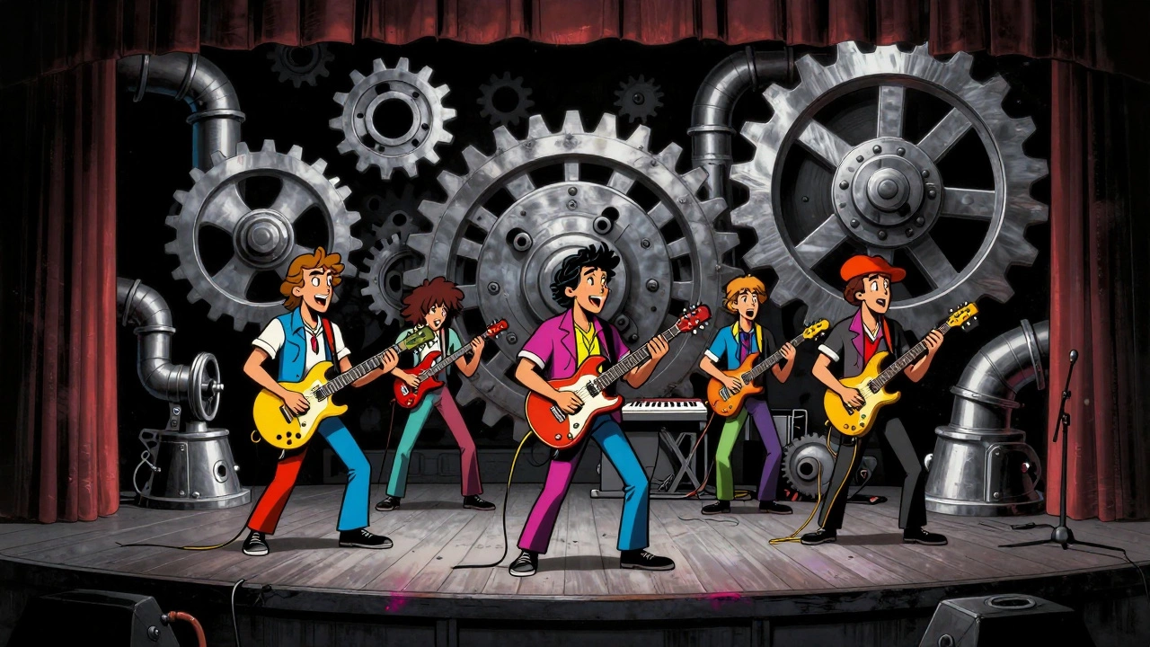 Band performing with surreal industrial gears and pipes in a theater