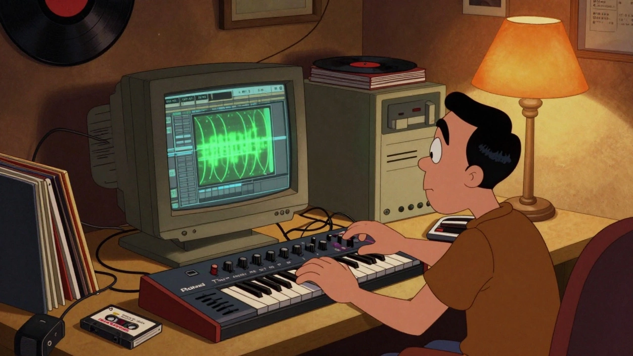 Bedroom studio with vintage synthesizer and early computer music equipment