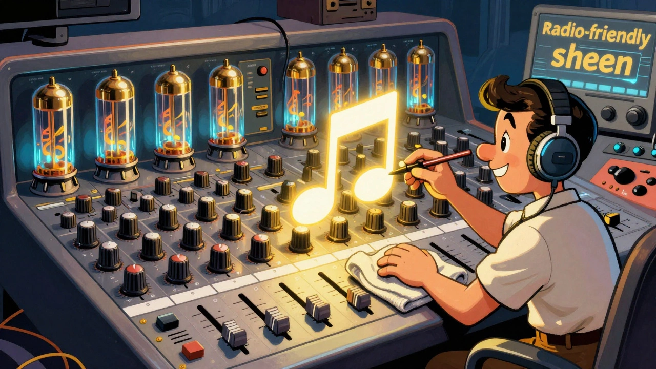 Cartoon engineers polishing a musical note on a giant audio mixing board.
