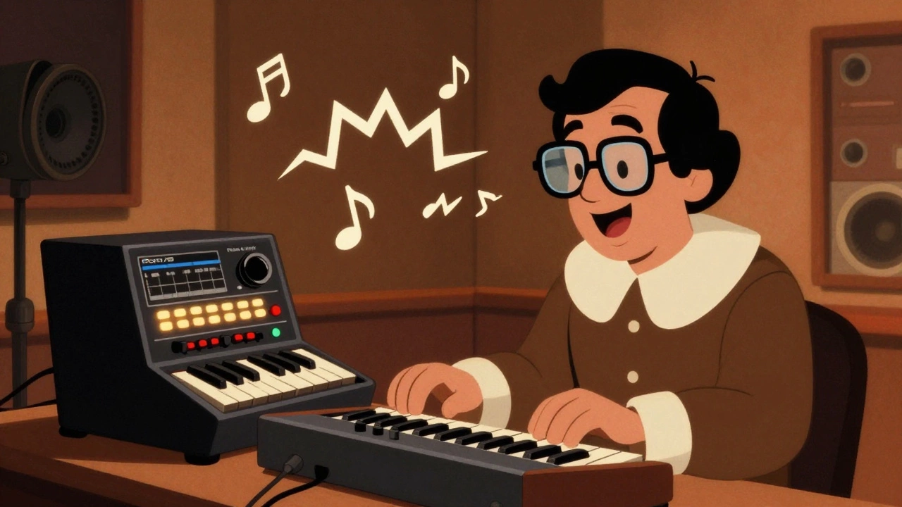 Cartoon illustration of a 70s music producer using a synth and a Roland CR-78 drum machine.