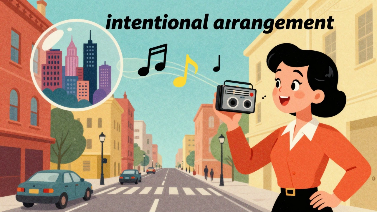 Cartoon illustration of a producer blending field recordings with vocal layers