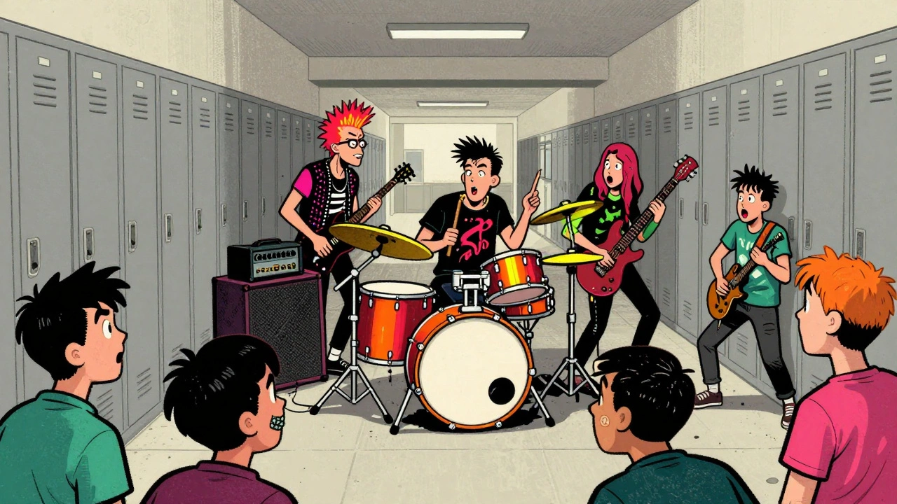 Cartoon illustration of a punk band playing instruments in a high school hallway