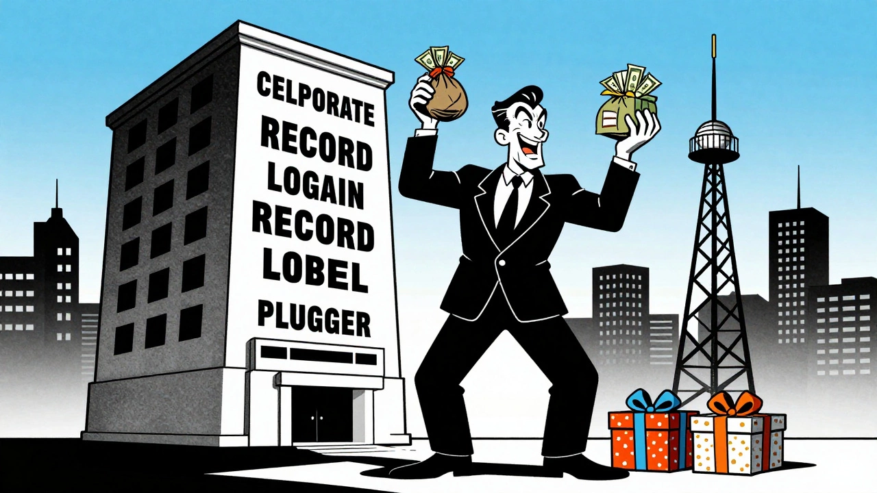 Cartoon illustration of a slick 80s promoter acting as a middleman with bags of money.