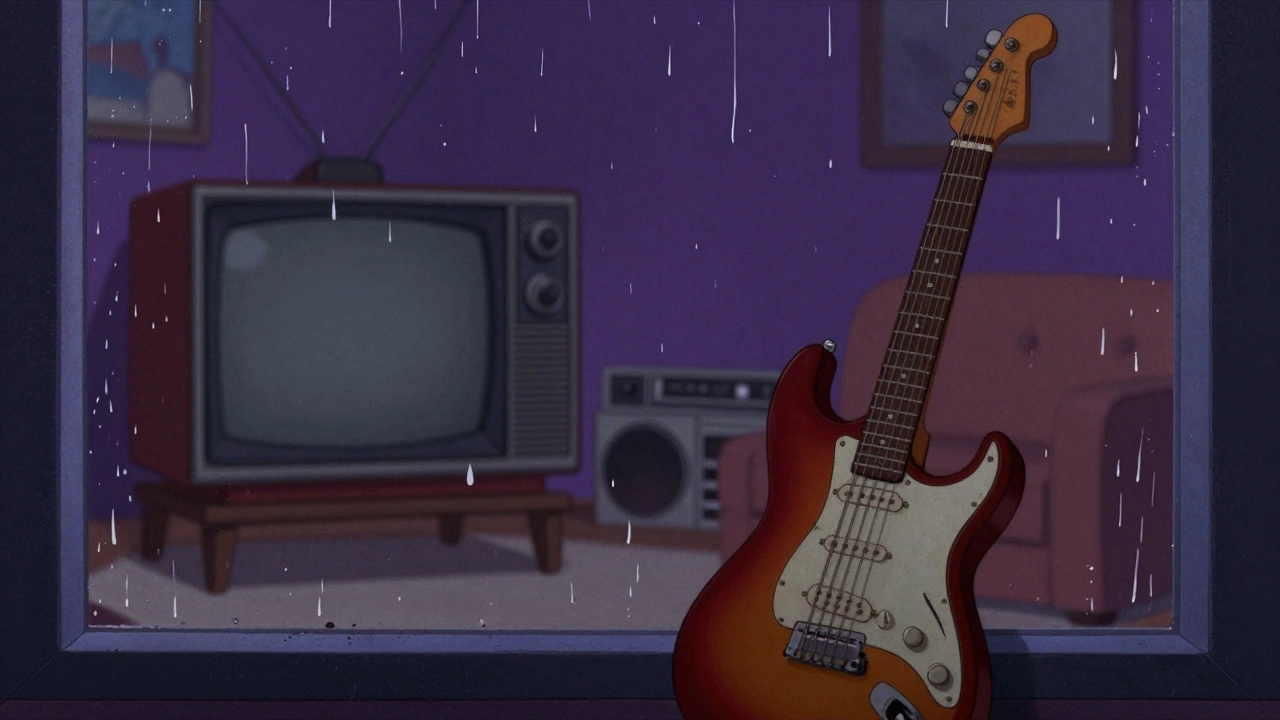 Cartoon illustration of an electric guitar by a rainy window in a nostalgic room