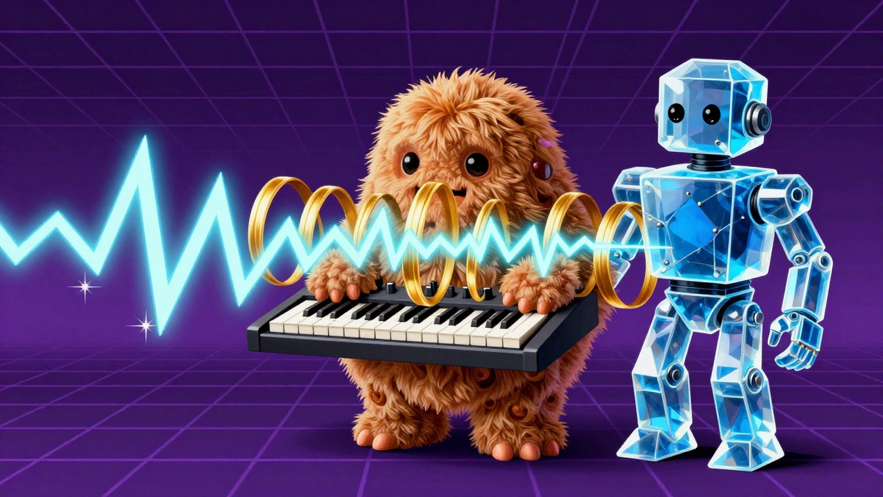Cartoon illustration of an organic analog synth monster and a crystalline digital synth robot.