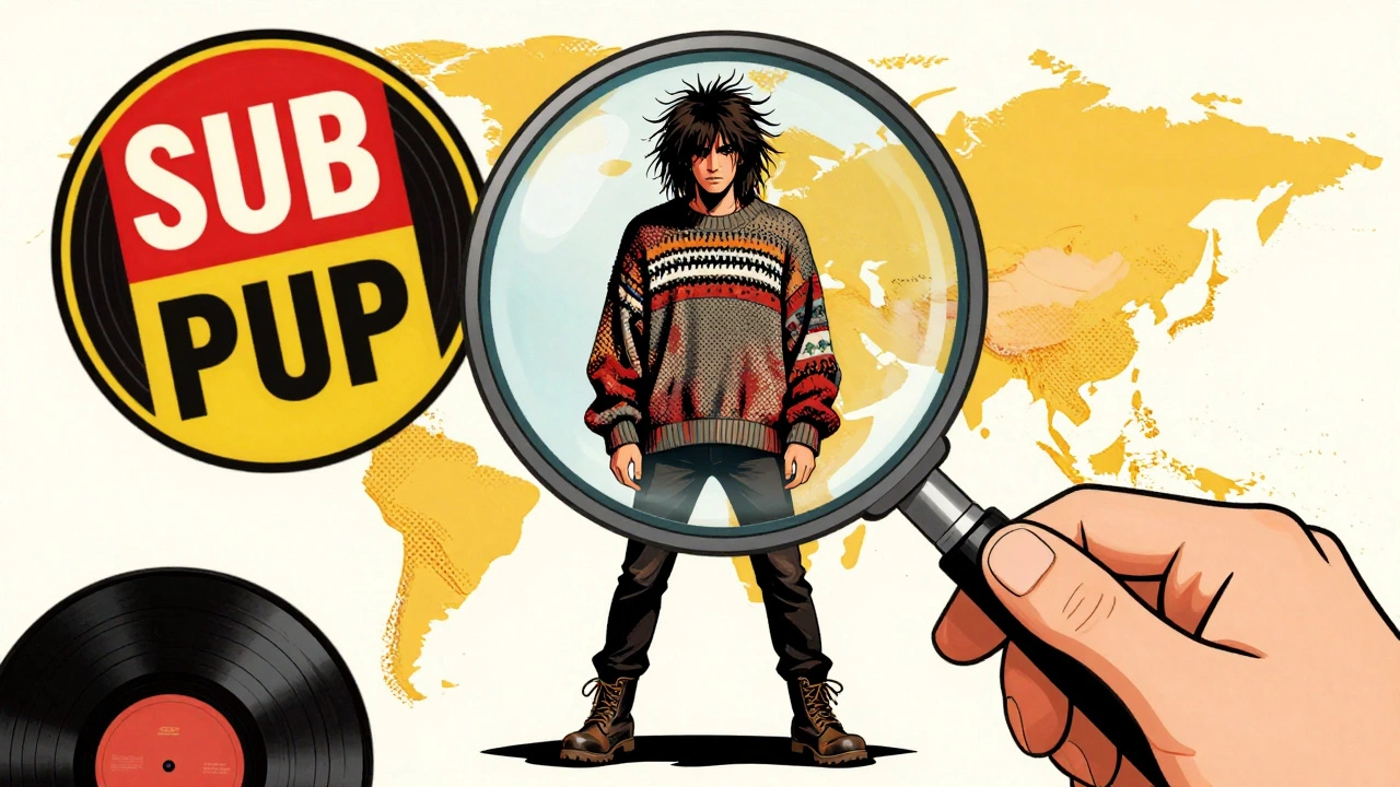 Cartoon illustration of the grunge fashion look viewed through a magnifying glass.