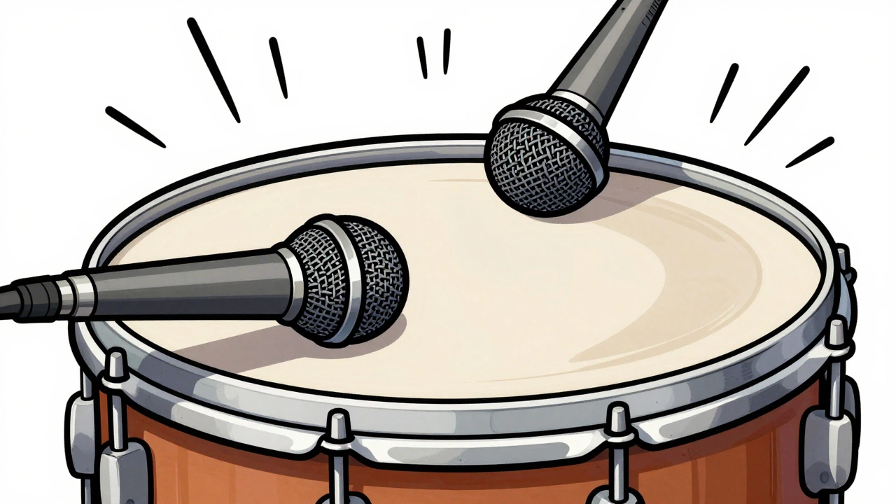 Cartoon illustration of top and bottom microphones on a snare drum
