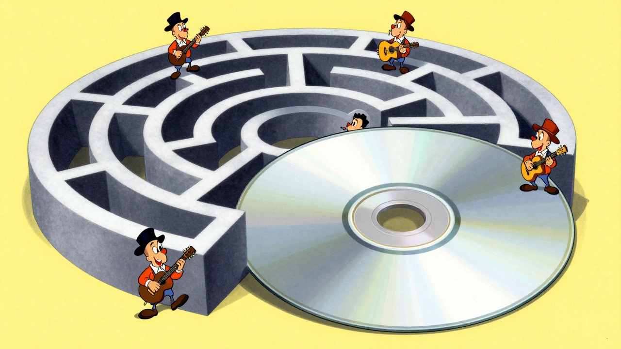 Cartoon musicians hiding inside the grooves of a giant silver compact disc.