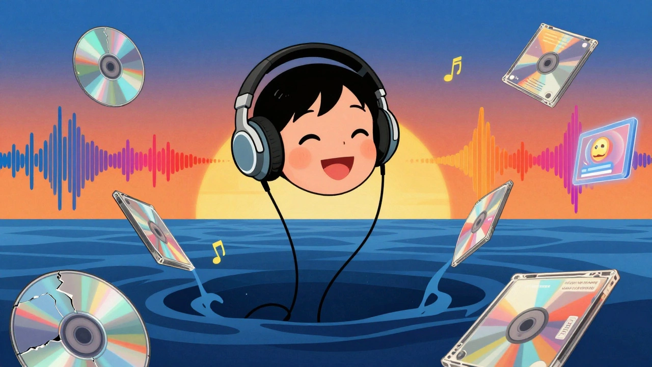 Cartoon of a person listening to streaming music while old CDs sink in the background.