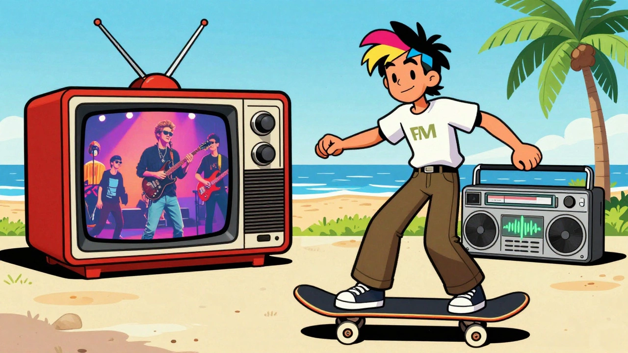 Cartoon of a skater teen with a TV and radio in a sunny California setting.