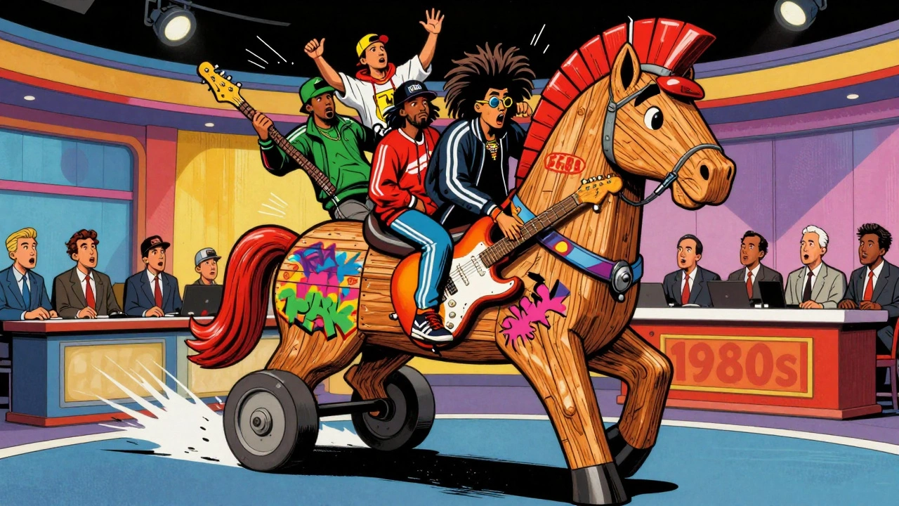 Cartoon of a Trojan Horse at a TV studio with rock and rap artists emerging to surprise executives.