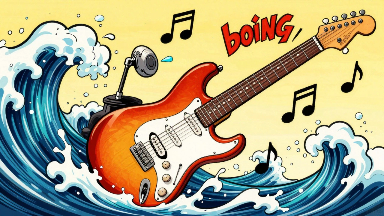 Cartoon of an HSS hybrid guitar merging heavy and clear sounds with a playful 80s vibe.