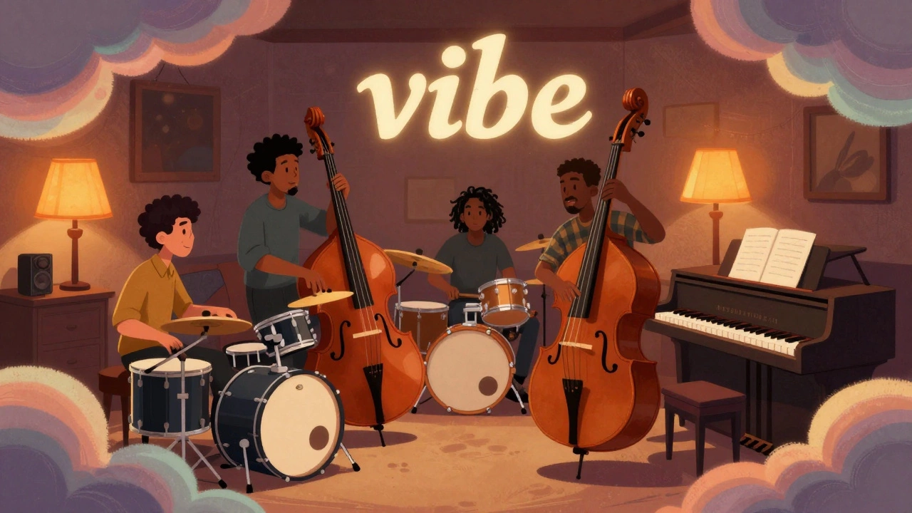 Cartoon of musicians jamming with live instruments in a Neo-Soul setting